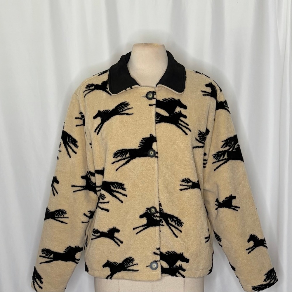 TSUNAMI Equestrian Horse Print Fleece Jacket Faux Suede Trim Buttons Large - Picture 4 of 13